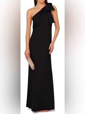 Adrianna Papell One-Shoulder Black Evening Gown with Shoulder Bow